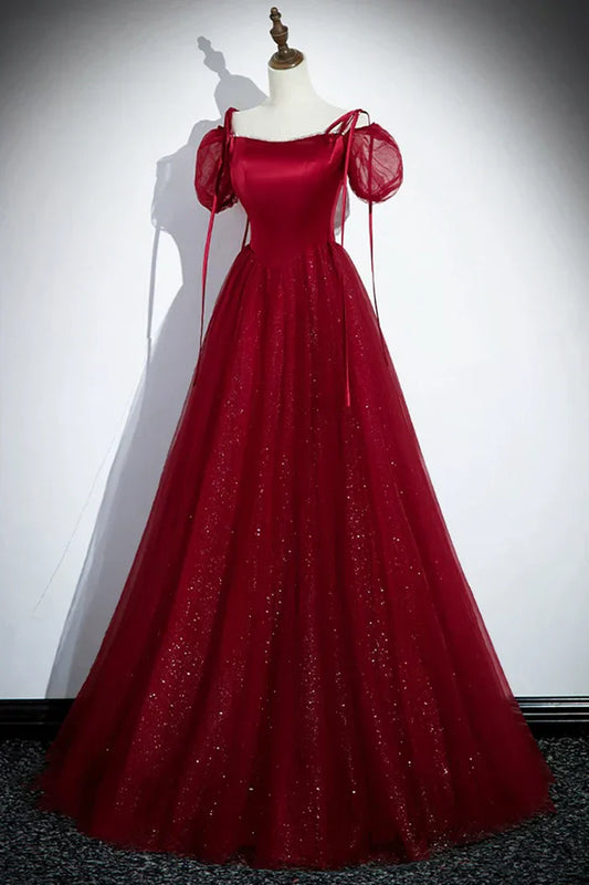 A-Line Satin Tulle Floor Length Prom Dress, Off Shoulder Formal Evening Dress HZ1024