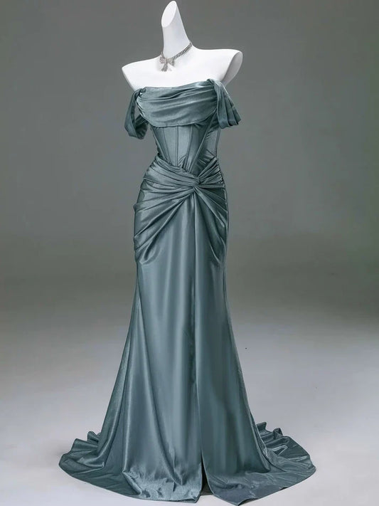 Elegant Mermaid Off-the-Shoulder Pleated Satin Long Evening Dress Graduation Prom Dress SH2558