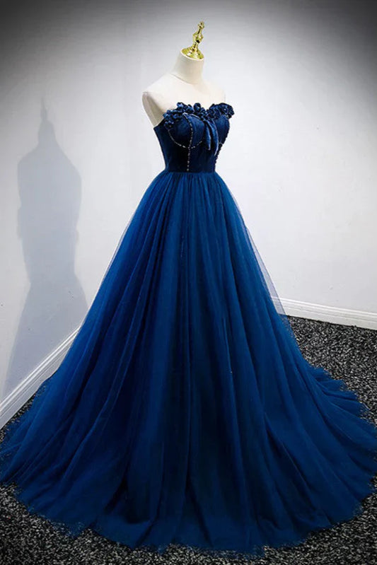 A-line Strapless Blue Velvet And Tulle Long Prom Dress HZ1024