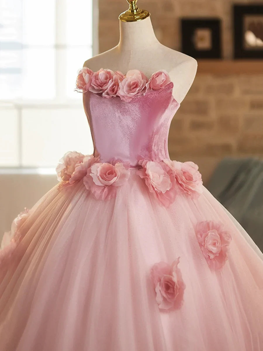 Pink A-Line Strapless Velvet Tulle Long Prom Dress, Sweet 16 Princess Dress ED01463