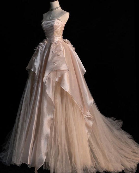 Sweet Pink A-line Tulle Satin Long Prom Dresses Strapless Applique Wedding Dresses ED01476