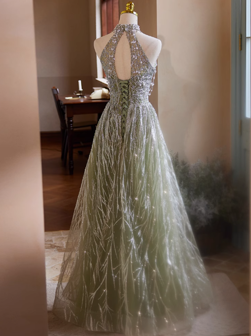 A-line Halterneck Tulle Sequins Long Prom Dress, Beaded Evening Dress HZ1024