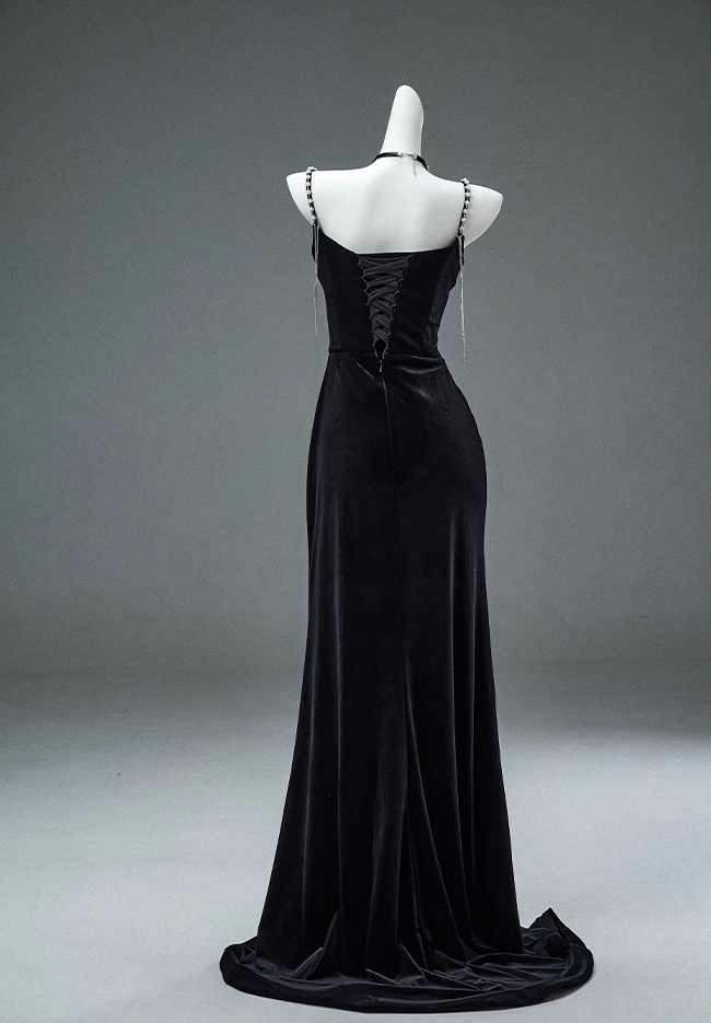 Mermaid Spaghetti Straps Velvet Beaded Long Prom Dresses , Elegant Evening Dress HZ1024
