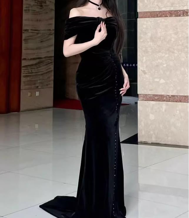 Black Mermaid Off-the-shoulder Velvet Long Prom Dress, Elegant Evening Dress ED01490