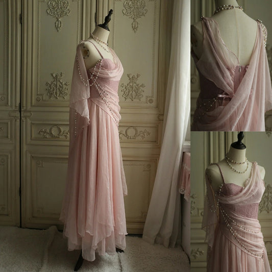 Affordable Prom Dresses Under $180||Lovely Pink _©·Chiffon Prom Dress Princess Pearls Spaghetti Straps Evening Dresses ED01517