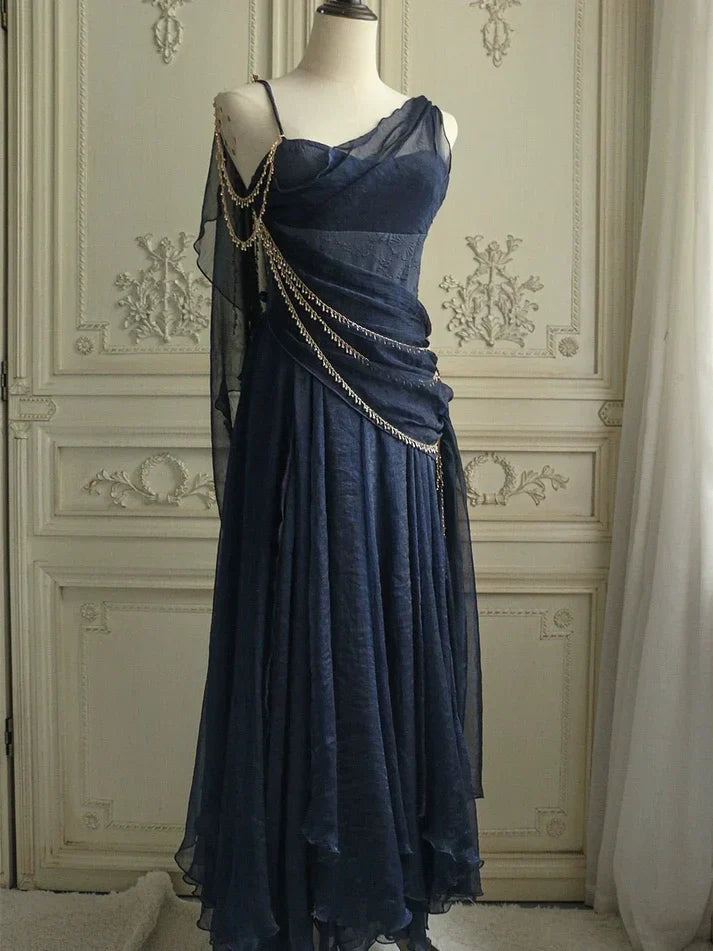 Lovely Pink Chiffon Prom Dress Princess Pearls Spaghetti Straps Evening Gown SH2627