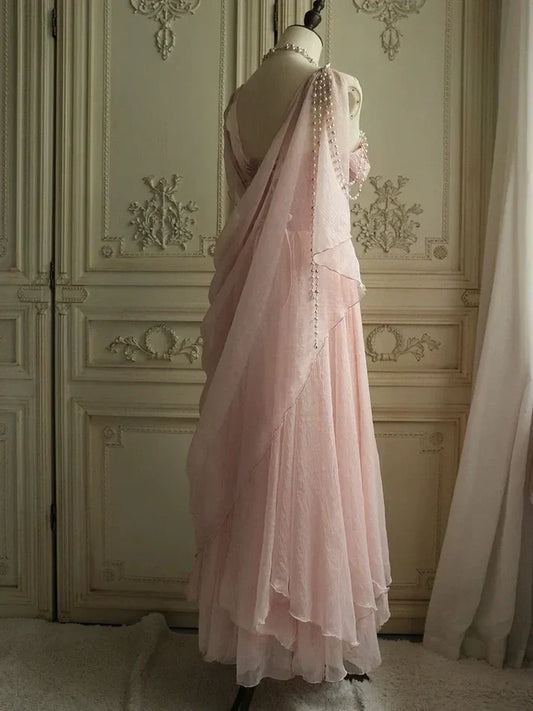 Lovely Pink Chiffon Prom Dress Princess Pearls Spaghetti Straps Evening Gown SH2627