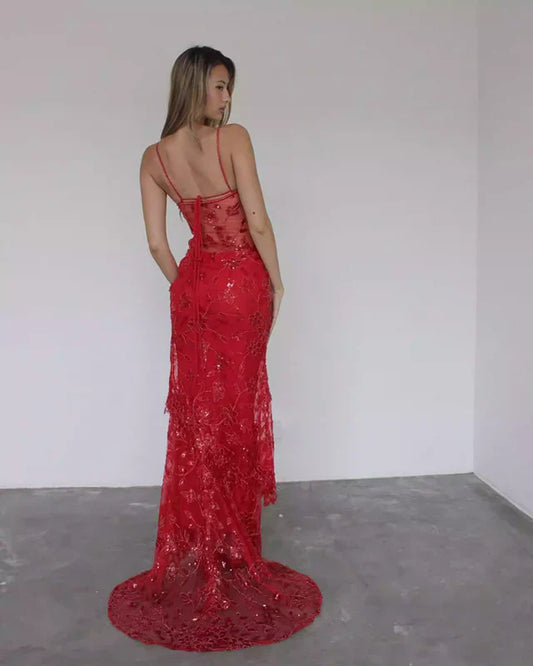 Red Mermaid Spaghetti Straps Tulle Lace Long Prom Dress Sexy Birthday Dress ED01519