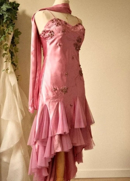 Gorgeous A-line Pink Spaghetti Strap Satin Applique Retro Prom Dress Birthday Party Dress ED01528