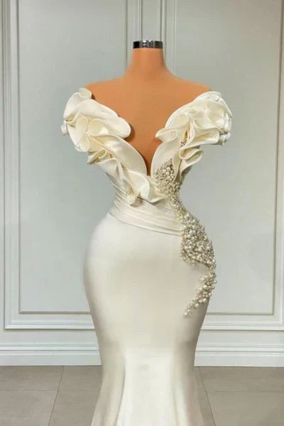 White Mermaid V-neck Satin Pearl Ruffle Long Prom Dress Elegant Evening Dress HZ1024