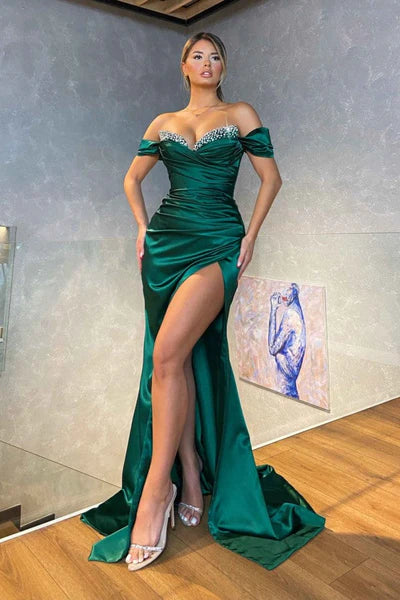 Dark Green Mermaid Off-the-shoulder Sparkle Beaded Long Prom Dress with Slit ED01546