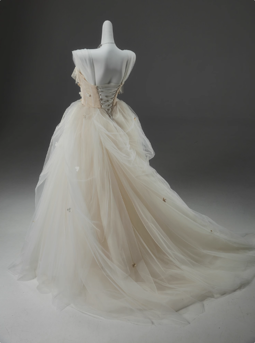 Off-White A-line Straps Tulle Long Prom Dress Simple Applique Wedding Dress ED01556