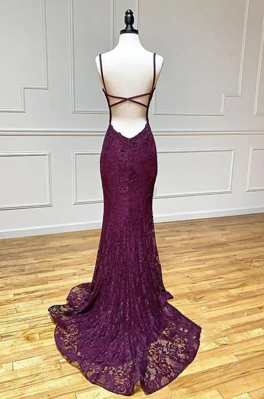 Elegant Mermaid Formal Dresses Under $170__ Charming Grape Spaghetti Straps Applique Long Backless Prom Dress With Slit ED01559