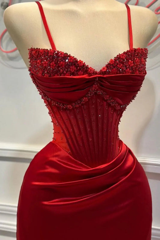 Chic Mermaid Spaghetti StrapsSatin Long Formal Dress with Beading Wedding Guest Dress ED01569