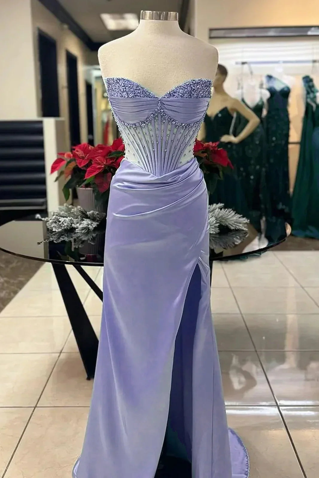 Chic Mermaid Spaghetti StrapsSatin Long Formal Dress with Beading Wedding Guest Dress ED01569