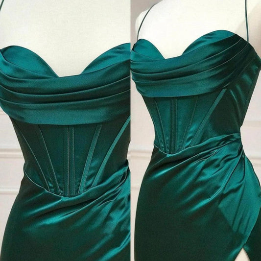 Dark Green Mermaid Satin Spaghetti Straps Long Prom Dress With Split ED01573