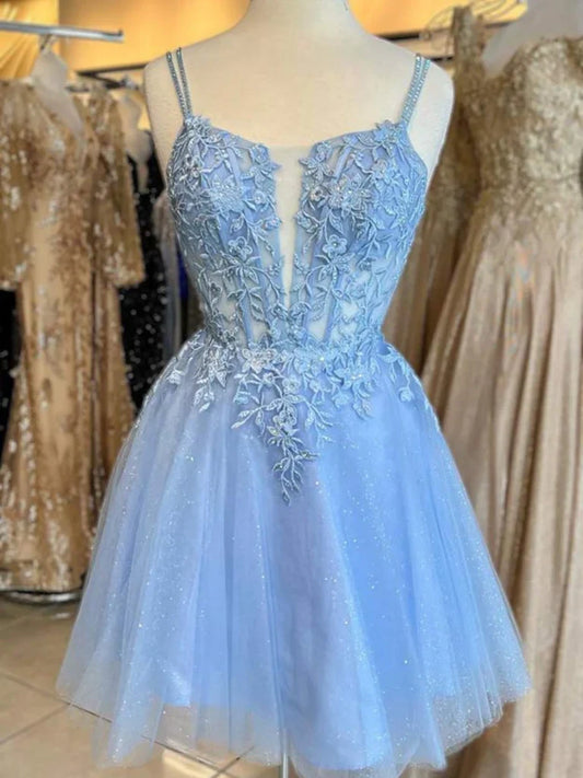 A-Line Blue Spaghetti Strap Tulle Beaded Short Prom Dress, Cute Applique Homecoming Dress ED01580