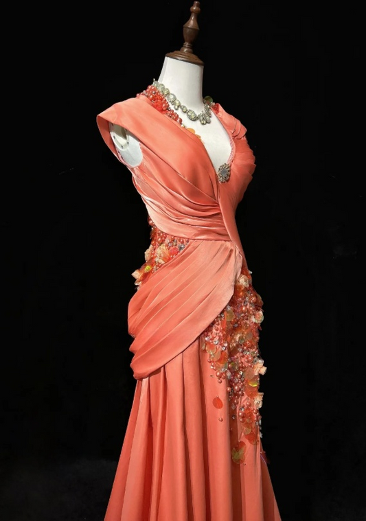 Bright Orange Mermaid V-Neck Satin Beaded Long Prom Dress Sequined Evening Gown ED01582