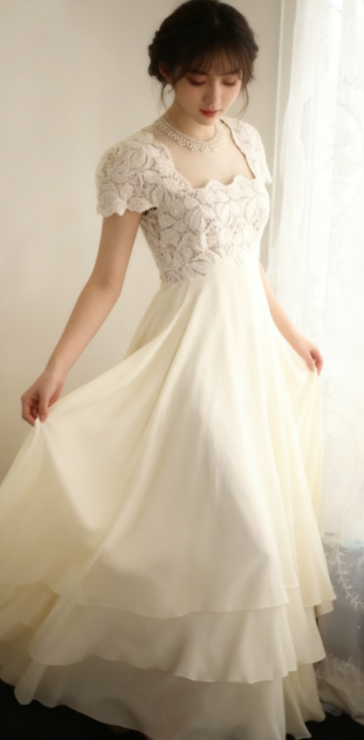 Beige Square Neck Chiffon Lace Empire Dress Long Prom Dress Beaded Wedding Dress ED01583