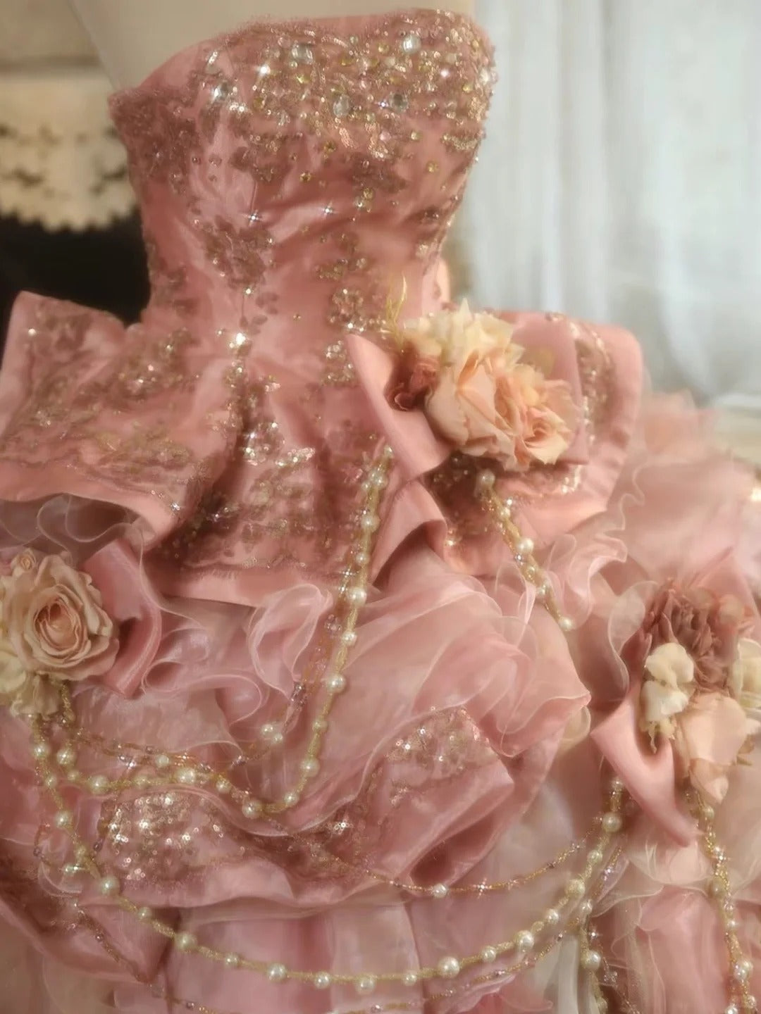 Sweet Pink Strapless Satin Tulle Sequin Beaded Diamond Long Ball Gown ED01585