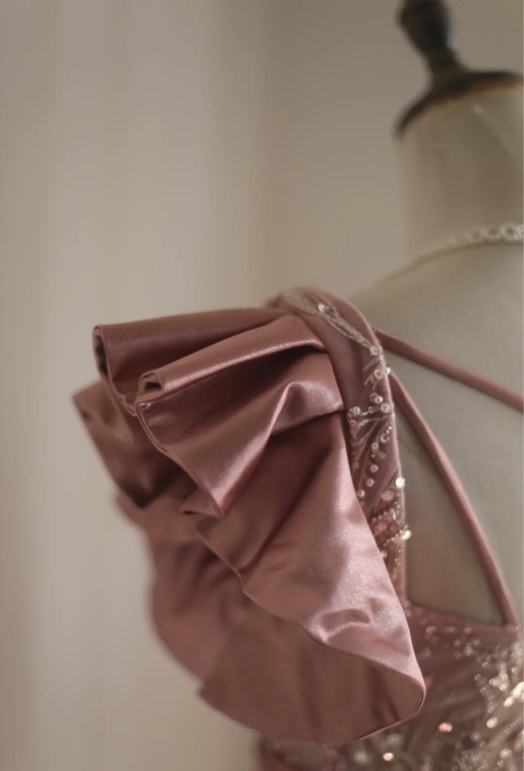 Pink Mermaid One Shoulder Satin Beaded Sequin Long Prom Dress Bridalmaid Dress ED01588
