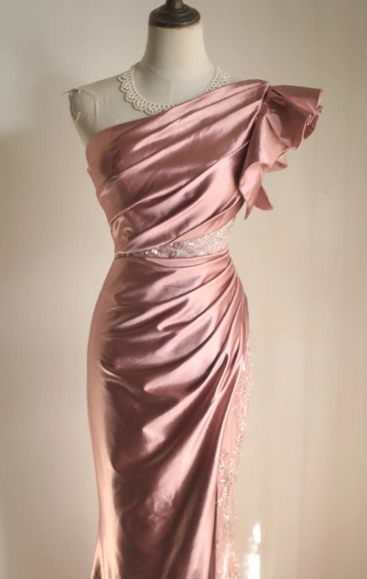 Pink Mermaid One Shoulder Satin Beaded Sequin Long Prom Dress Bridalmaid Dress ED01588