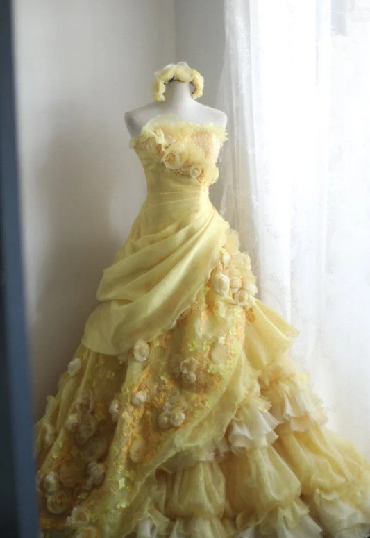 Yellow A-Line Strapless Organza Wedding Dress with Appliques and Rhinestones Long Evening Gown HZ1024