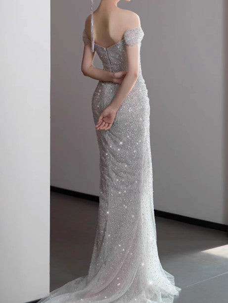 Mermaid Gown__ Off The Shoulder Tulle Sequins Long Prom Dress for Formal Events &Quinceanera ED01599