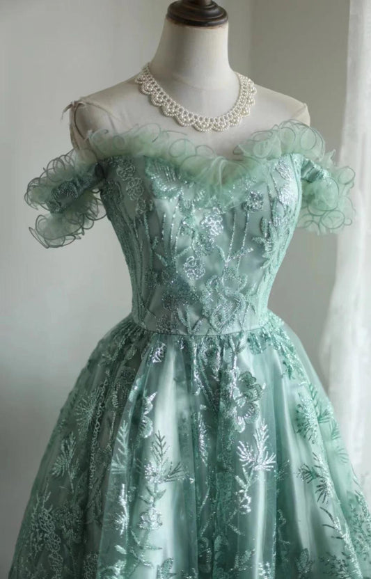 Green A-Line Tulle Beading Sequins Short Prom Dress Homecoming Dress ED01608