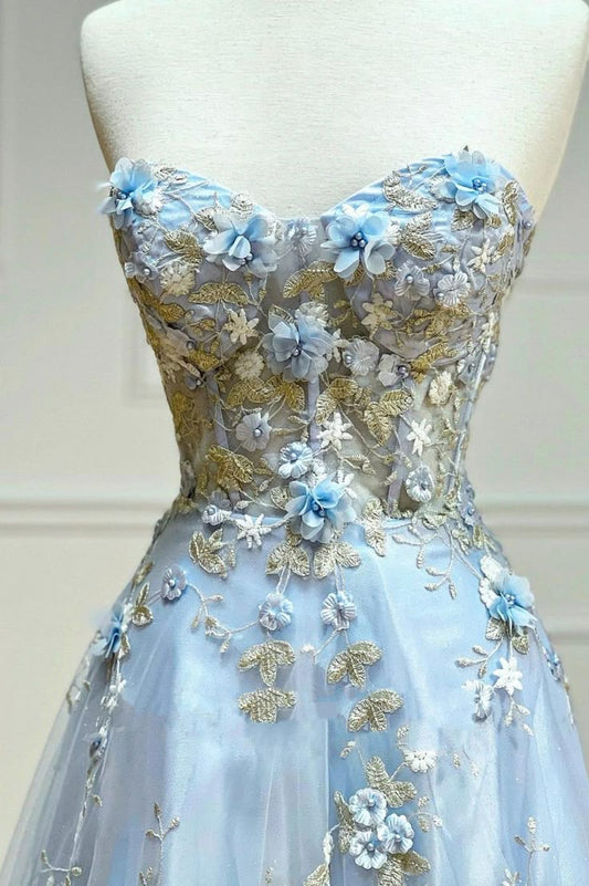 Blue A-Line Sweetheart Tulle Appliques Long Prom Dress, Strapless Evening Dress ED01609