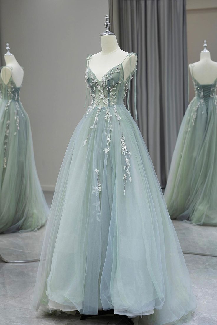 V Neck Tulle Beaded Applique Long Prom Dress, Spaghetti Strap Formal Evening Dress HZ1024