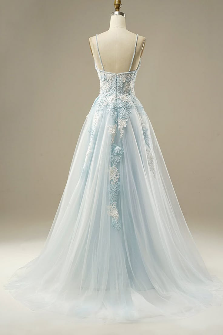 Blue A-Line Spaghetti Strap Tulle Beading Long Prom Dress Sweet Embroidery Applique Evening Dress for Graduation HZ1024