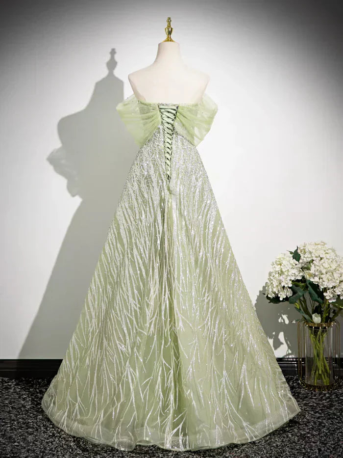 A-Line Off the Shoulder Glittering Tulle Sequins Long Prom Dress Sweet 16 Dress HZ1024