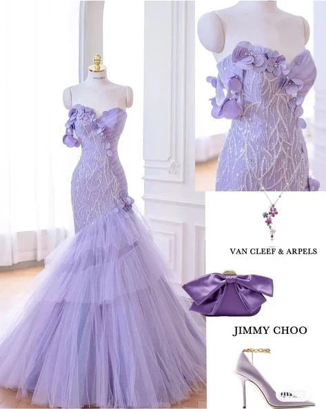 Purple Mermaid Sweetheart Neck Tulle Beaded Long Prom Dress Strapless Sequin Applique Birthday Evening Dress ED01625