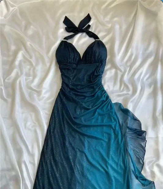 ?Chiffon Halter Sheath Prom Dress for Party&Birthday Elegant Blue Evening Gowns HZ1024