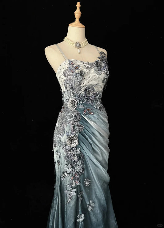 Elegant Chiffon Mermaid Spaghetti Strap Sequined Applique Long Prom Dresses__ Formal Evening Dresses ED01646