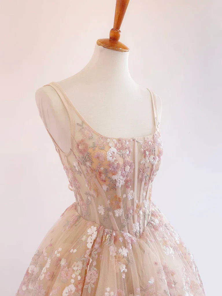 Sweet Light Champagne A-Line Tulle Sequin Applique Long Prom Dress Formal Evening Gowns ED01678