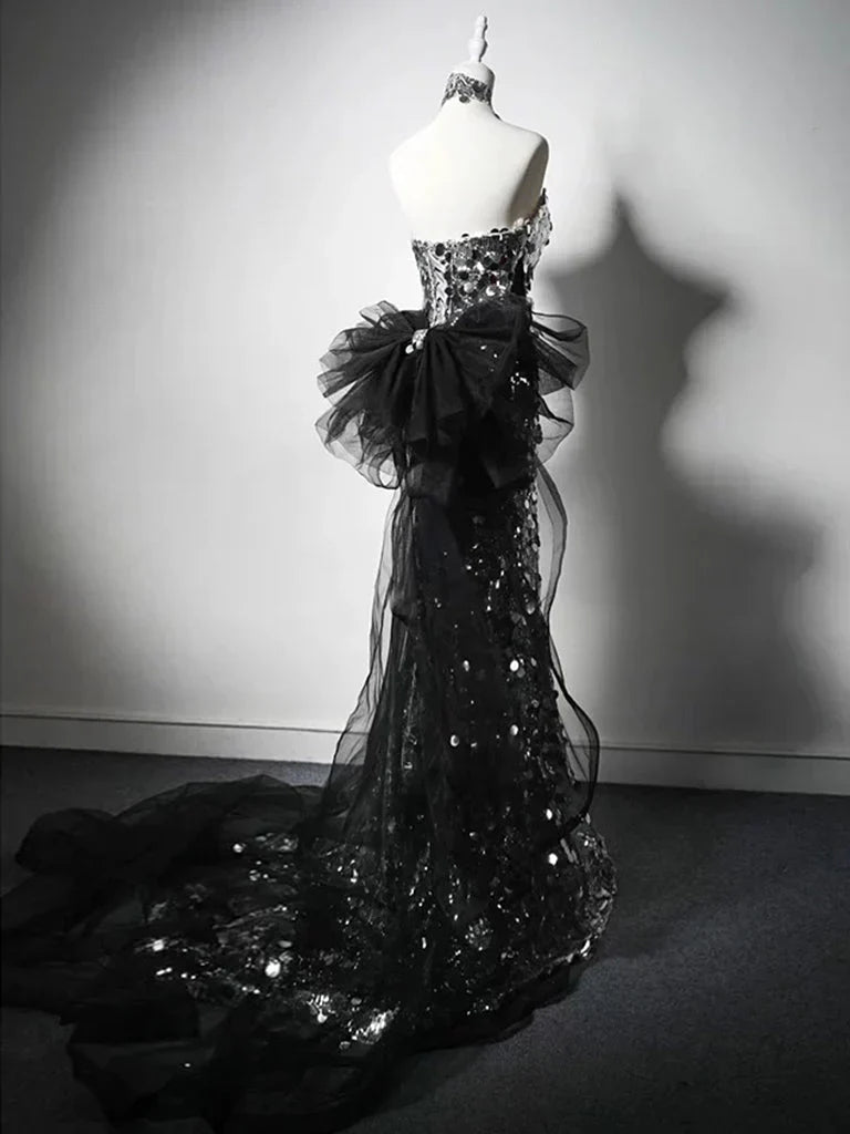 Modest Silver Mermaid Strapless Sequin Tulle Long Prom Dress Formal Evening Dress ED01680