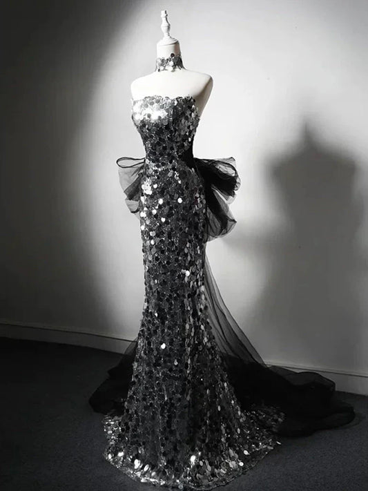 Modest Silver Mermaid Strapless Sequin Tulle Long Prom Dress Formal Evening Dress ED01680