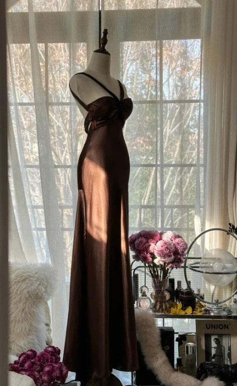 Chocolate Mermaid Sweetheart Neck Satin Long Prom Dress Elegant Evening Gown HZ1024