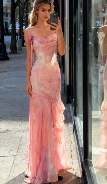 Vintage Pink Spaghetti Strap Mermaid Party Dresses Fairytale Chiffon Beaded Long Prom Dresses ED01690