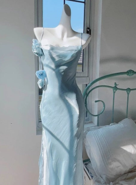 Gentle Blue Bodycon Dress Spaghetti Strap Chiffon Long Prom Dress Graduation Prom Dress ED01694