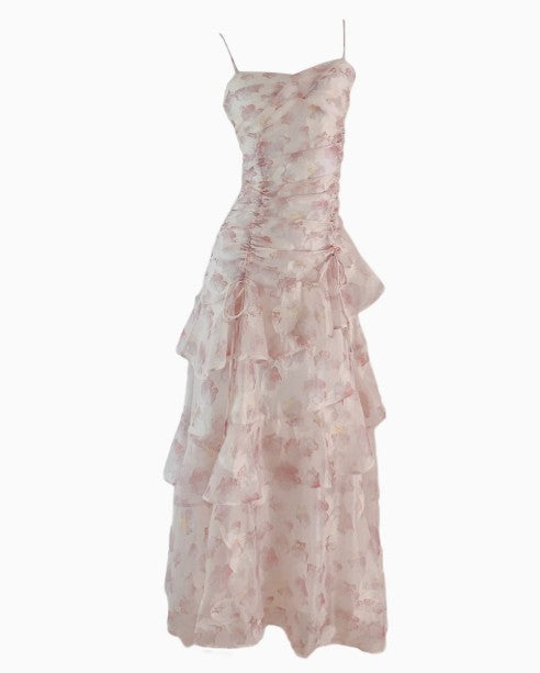 French Floral Dress Suspender Chiffon Long Dress ED01699