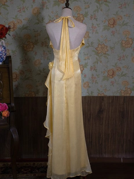 Yellow Simple Bodycon Dress Spaghetti Strap Chiffon Long Prom Dress Applique Graduation Prom Dress ED01703