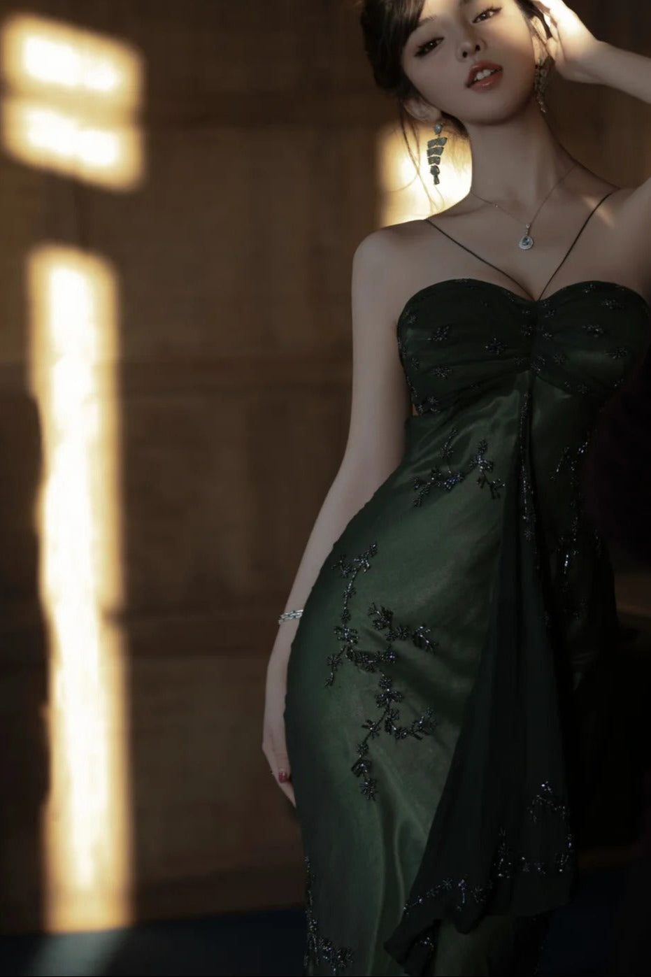 Vintage__ Forest Green Spaghetti Straps Long Prom Dresses Glitter Chiffon Beaded Elegant Party Dresses ED01717