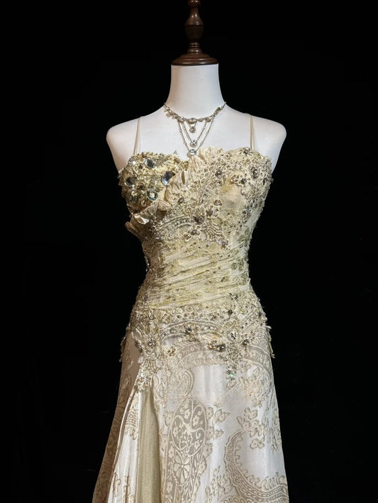 Gold A-Line Spaghetti Strap Satin Lace Long Prom Dress with Beaded Appliques ED01719