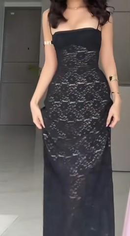 Black Bodycon Spaghetti Strap Chiffon Long Prom Dress Sexy Backless Evening Dress ED01722