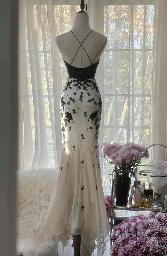 Gentle Mermaid Spaghetti Strap Black Appliques Chiffon Prom Dress Graduation Prom Dress SH2461