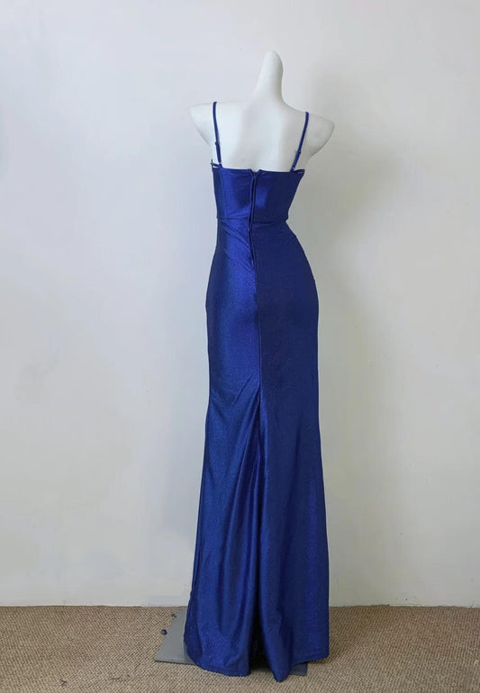 Blue Elegant Spaghetti Straps Slit Long Prom Dress Charming Birthday Party Dress HZ1024