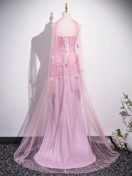 Mermaid Strapless Tulle 3D Applique Long Prom Dress Sweet Wedding Dress HZ1024